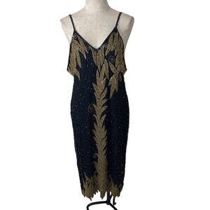 Interlude California Vintage Womens Dress Size L Black Heavily Beaded Tank Silk